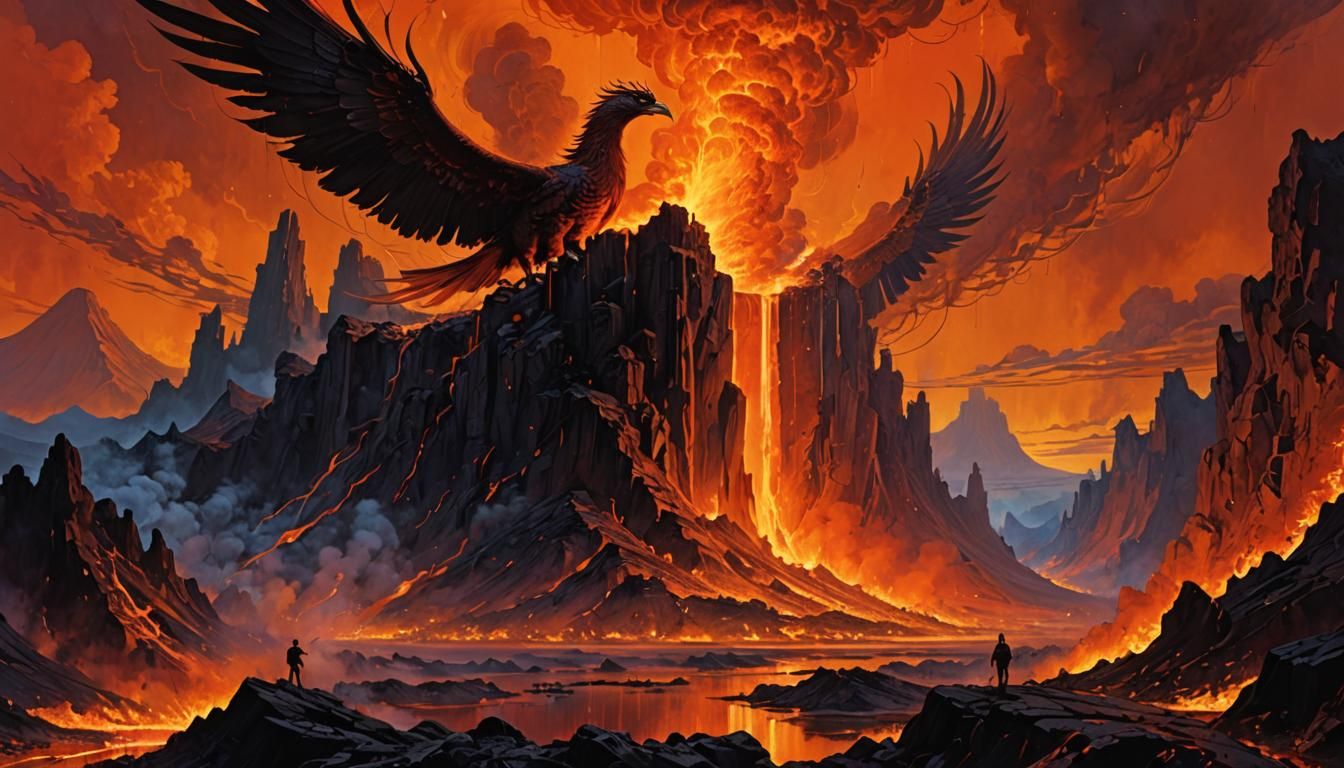 Volcano Eruption with Phoenix Rising, Digital Art