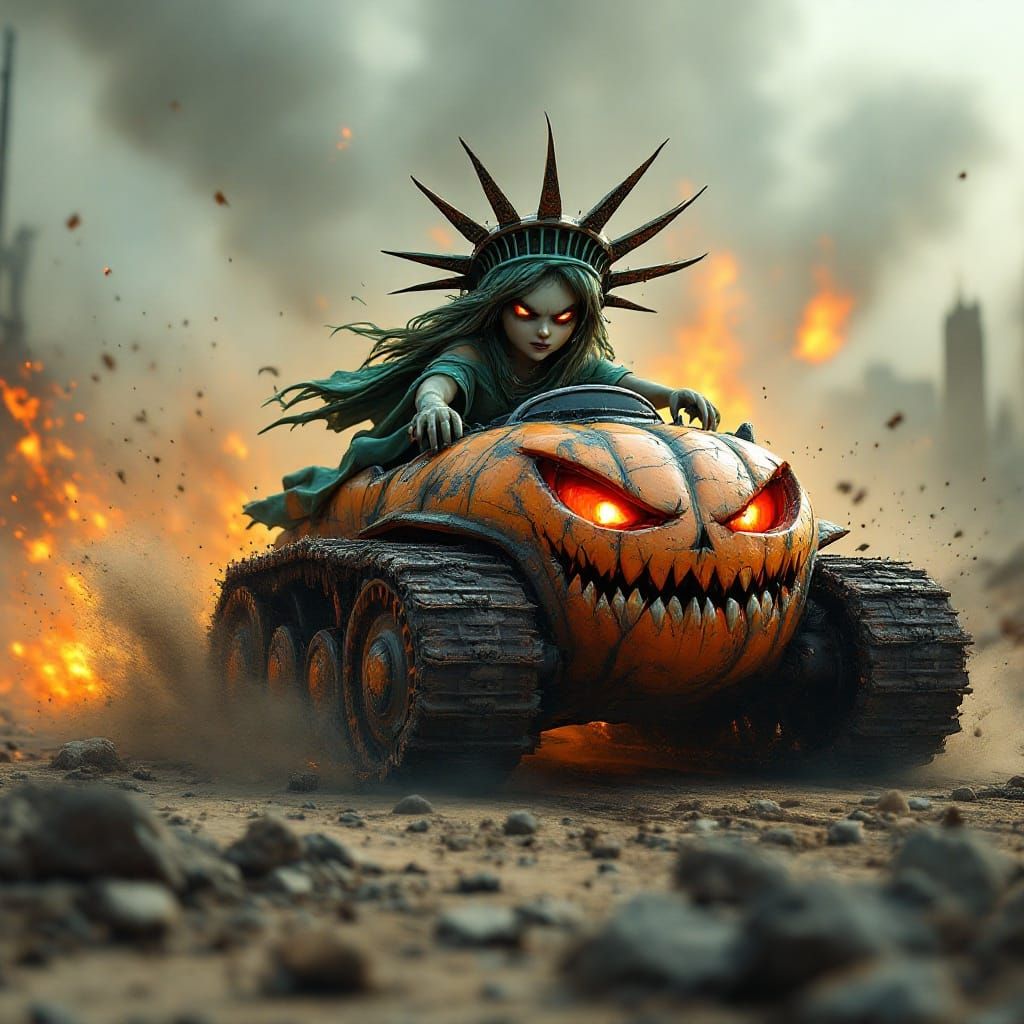 Chibi Liberty Races Jack-O'-Lantern Tank in Wasteland