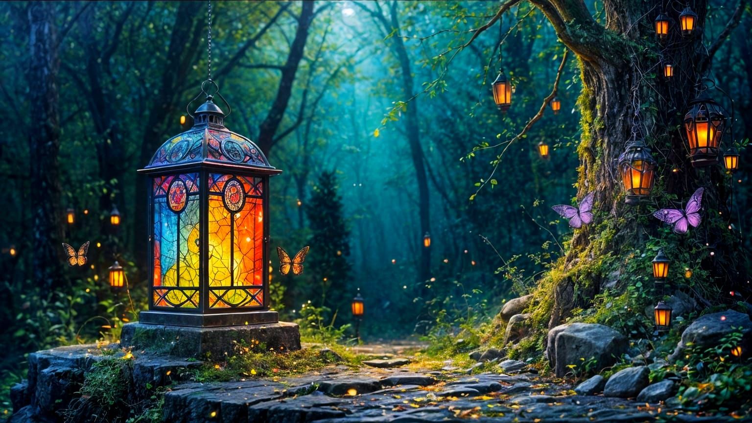 Celtic Stained-Glass Lantern in Moonlit Forest