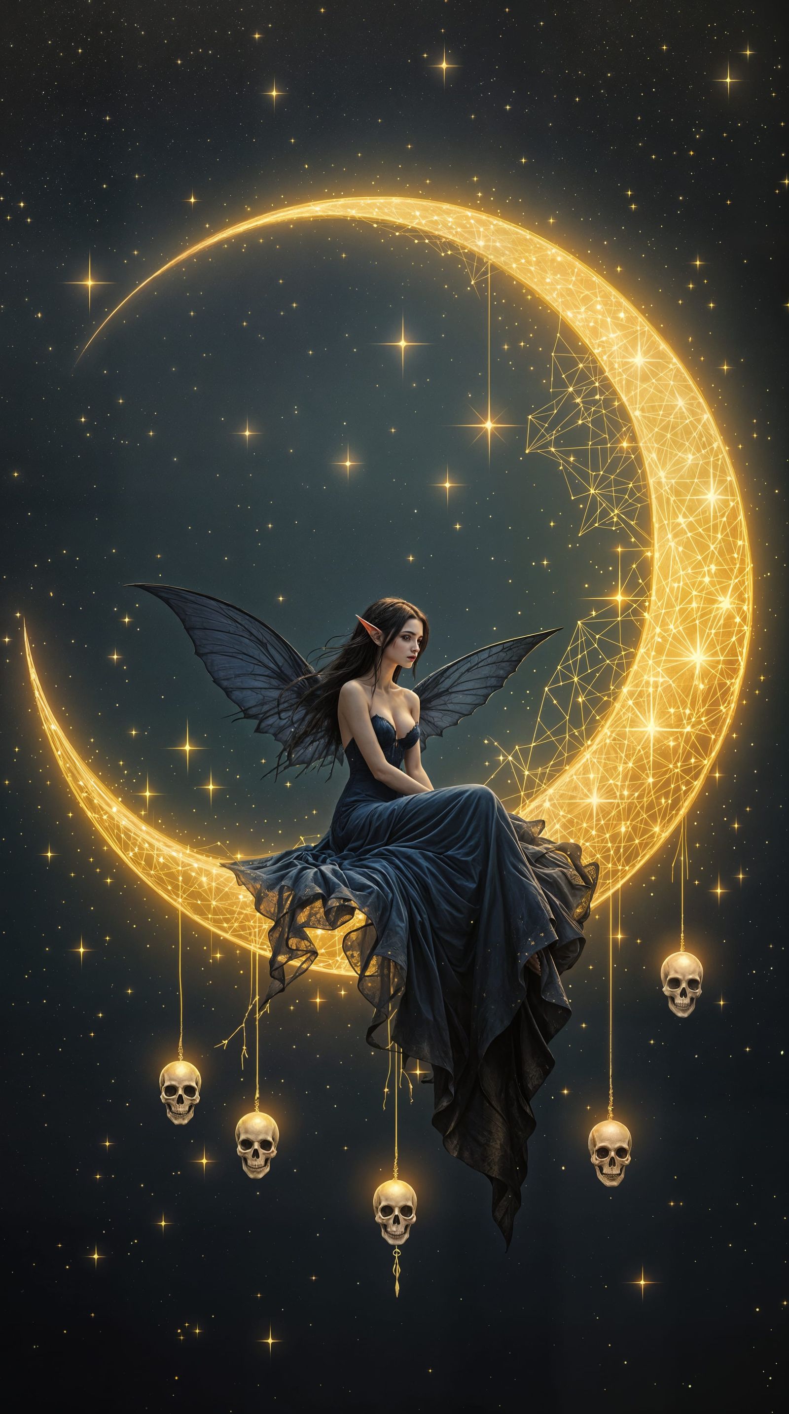 Ethereal Gothic Fairy Sits on Crescent Moon