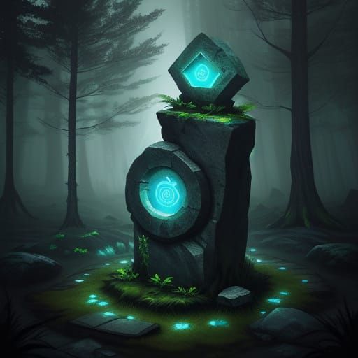 Mysterious Stone with Glowing Runes in Dark Forest