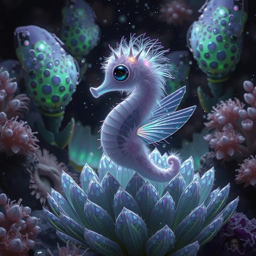 Rainbow Seahorse with Wings in Crystal Cave