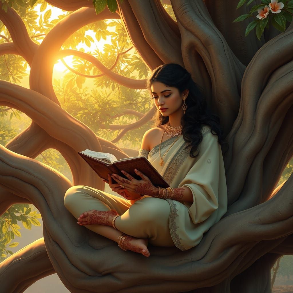 Serene Tamil Woman Reads in Whimsical Treehouse Sanctuary