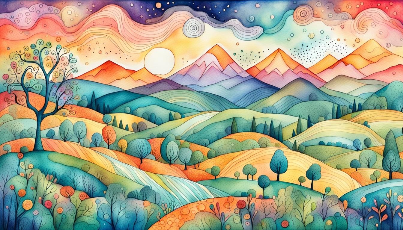 Whimsical Doodle Art Landscape with Playful Colors