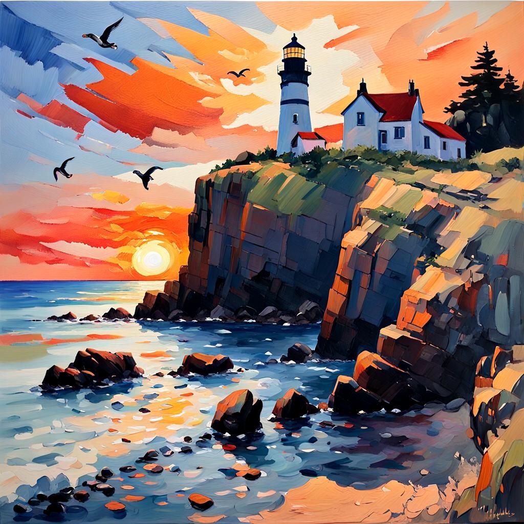 Beach Sunset with Lighthouse as Gouache Painting