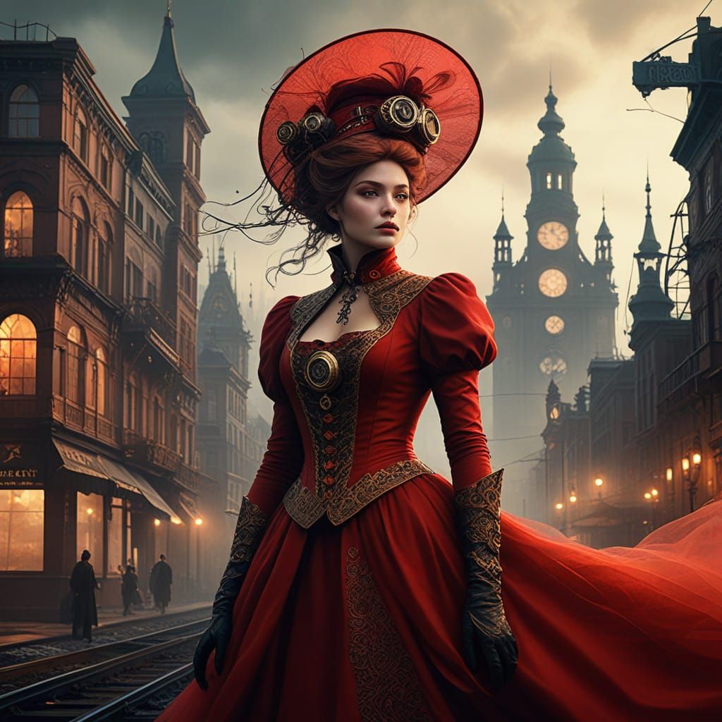 Elegant Victorian Fantasy Portrait in Steampunk Cityscape