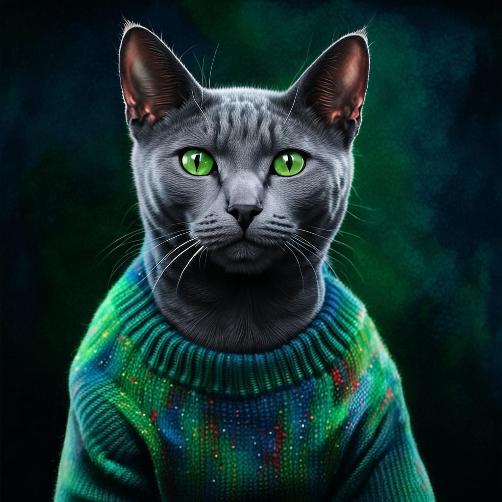 Cat Russian blue wearing a sweater a black one with splatted...