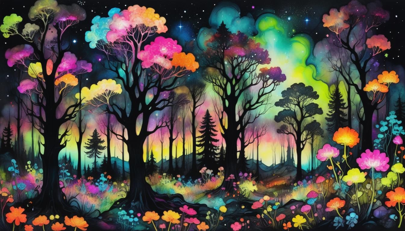 Psychedelic Fantasy Forest with Fluorescent Flora in Alcohol...