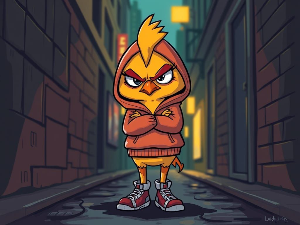 Grumpy Chick Character in Urban Alleyway