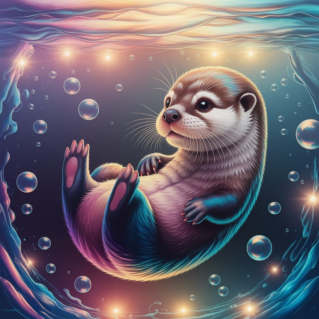 Whimsical Baby Otter in Vibrant Dreamscape Painting