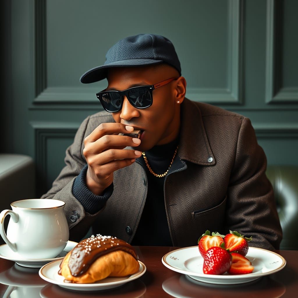 Pharrell Williams Enjoying Croissants and Tea