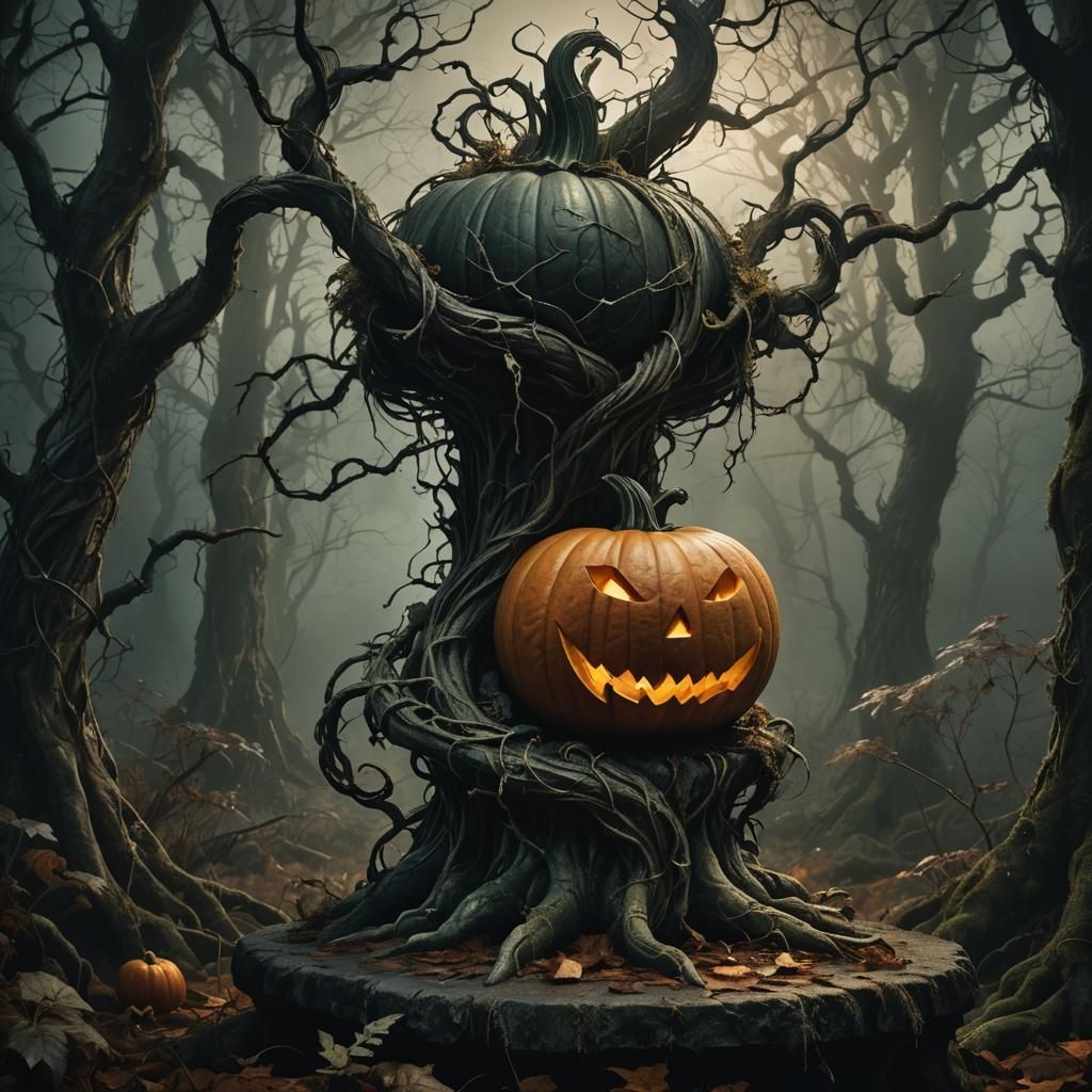 Dark Fantasy Pumpkin in Mystical Forest Illustration