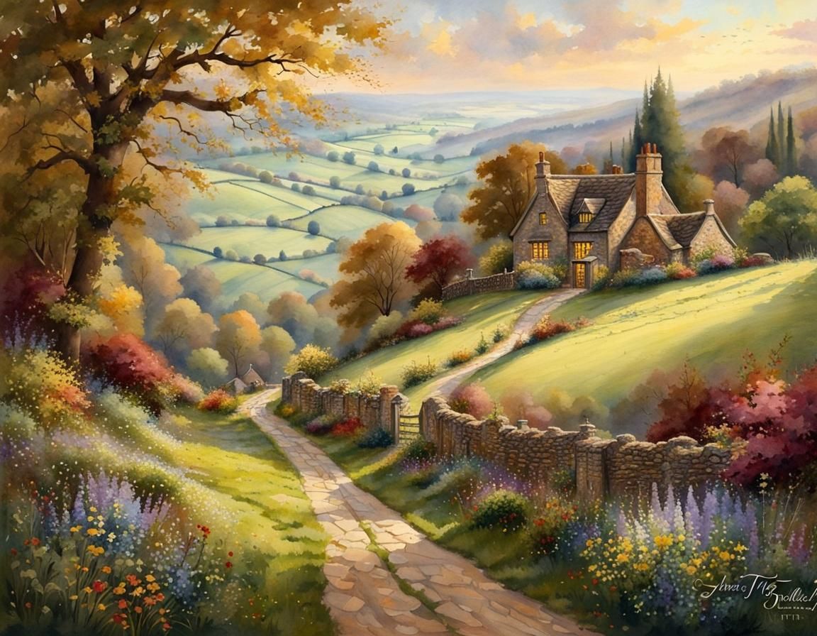 English Countryside: Watercolor Landscape by Kinkade