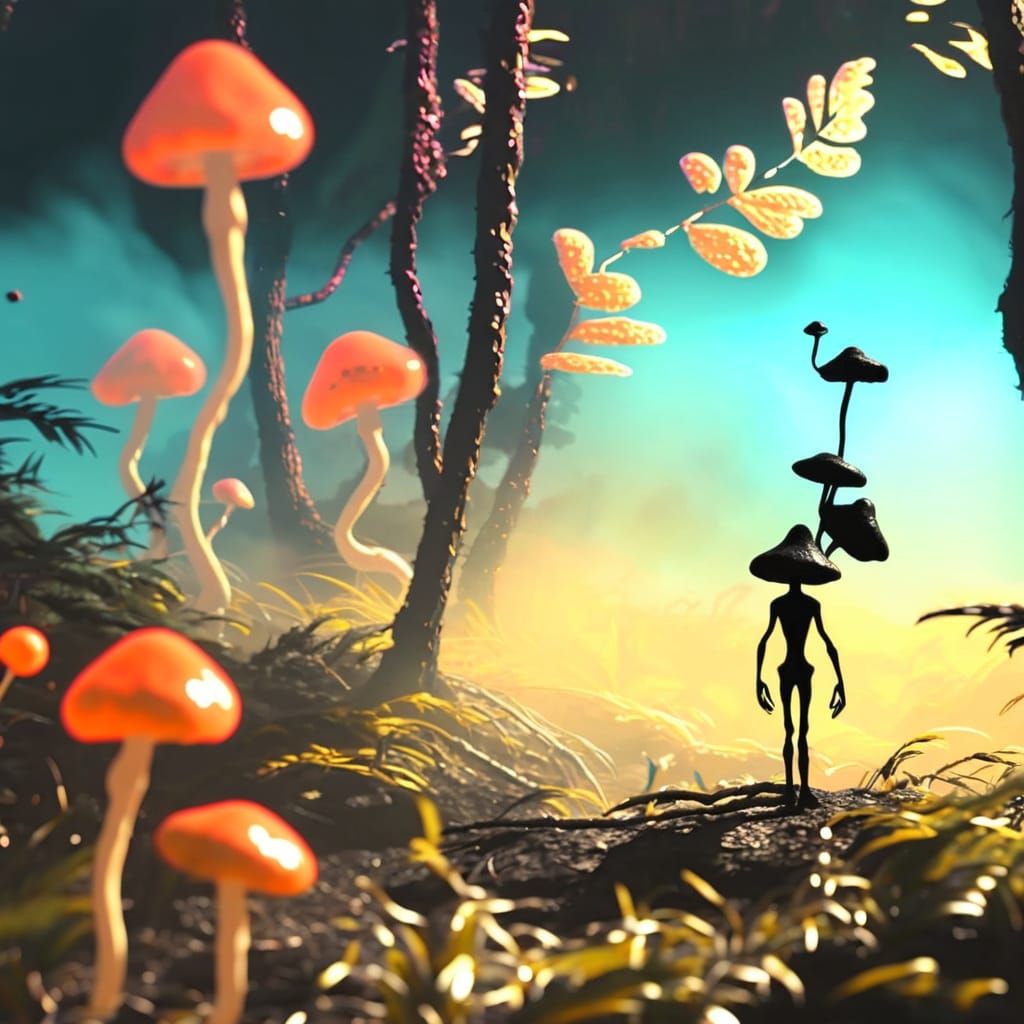 Surreal Alien Encounter in a Neon Forest