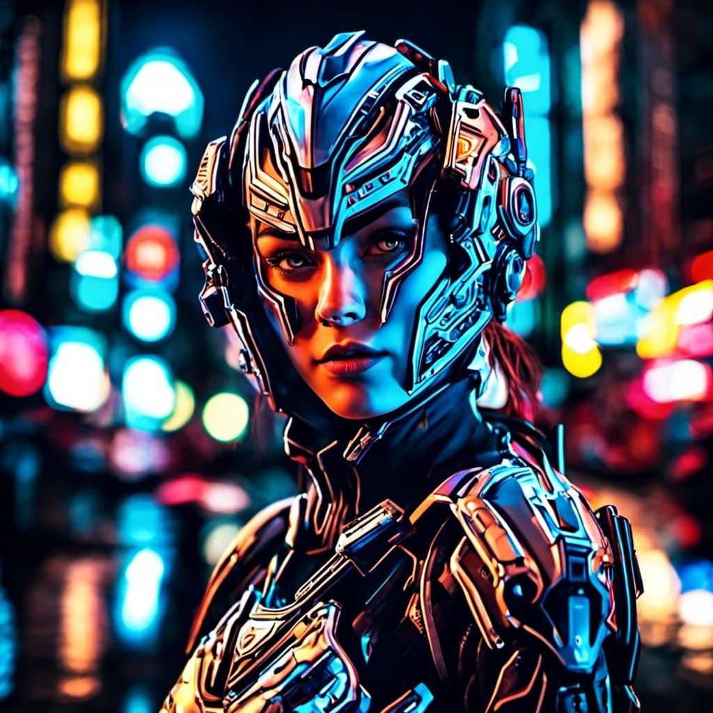 Cyborg Girl on Motorcycle in Neon City