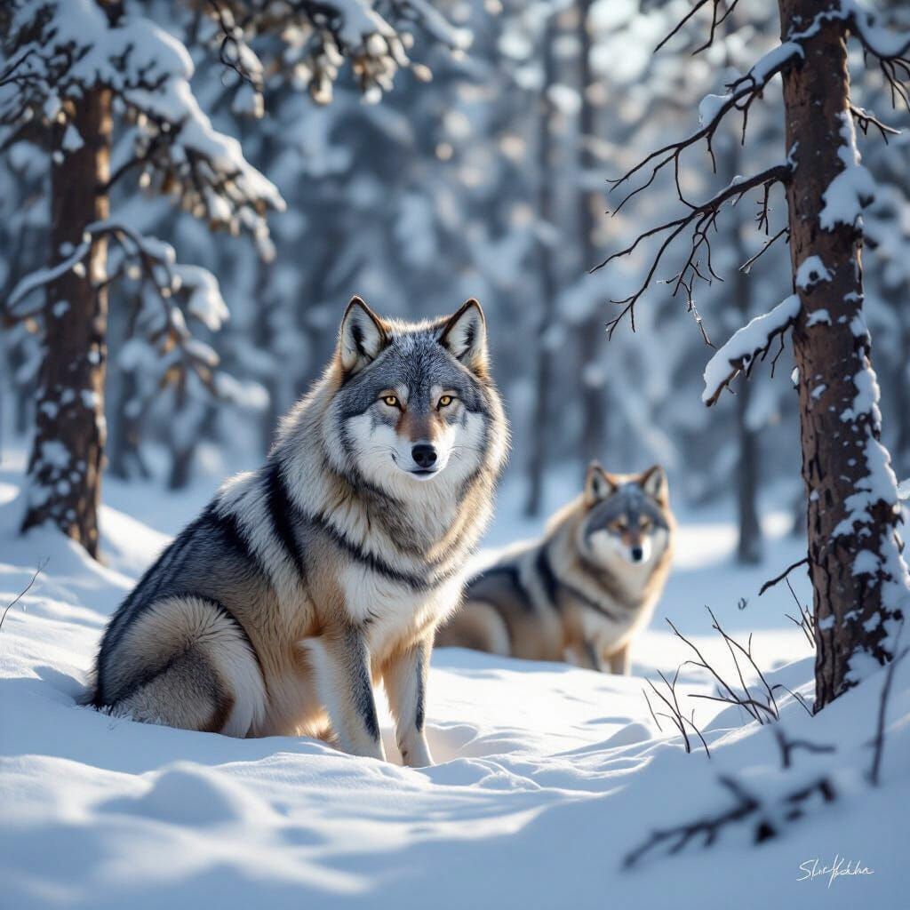 Hyperrealistic Wolves in Snowy Forest