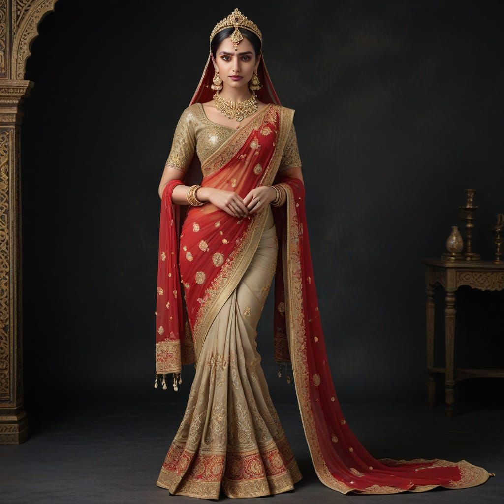 Portrait of Woman in Red Saree with Gold Jewelry