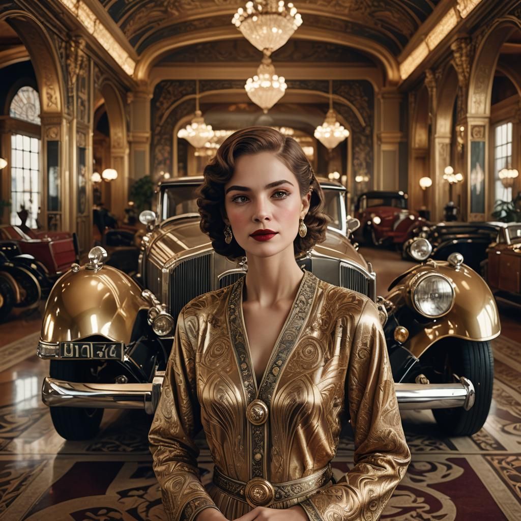 Stylish Woman Posing with Vintage Car in Art Deco Style