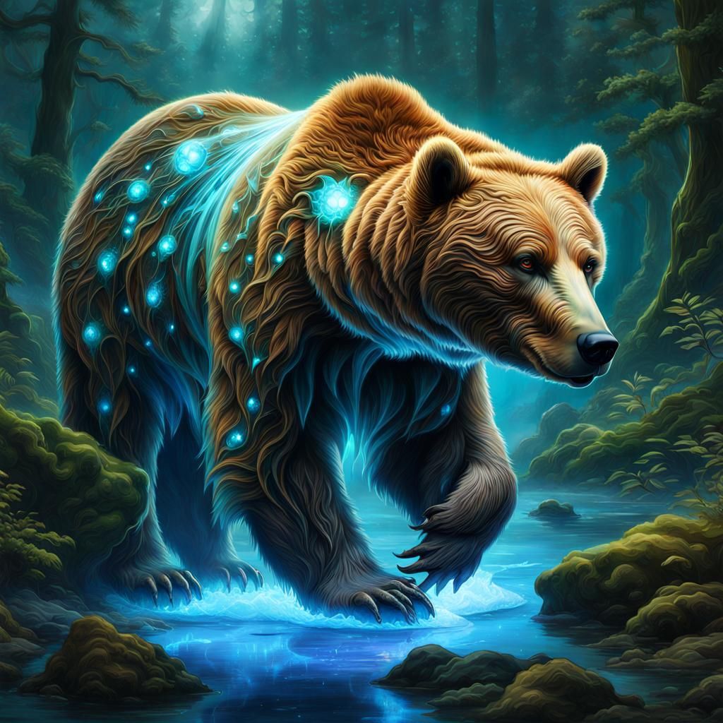 Bioluminescent Bear in Illuminated Fantasy Forest