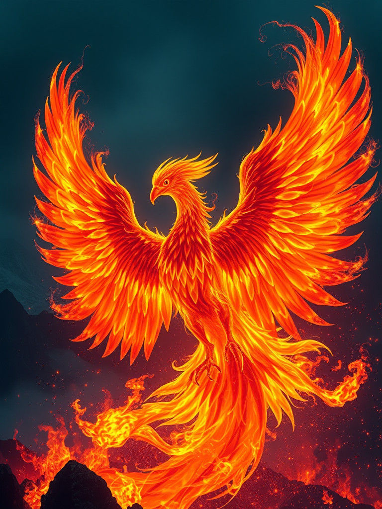 Fiery Phoenix with Neon Flames and Misty Mountains