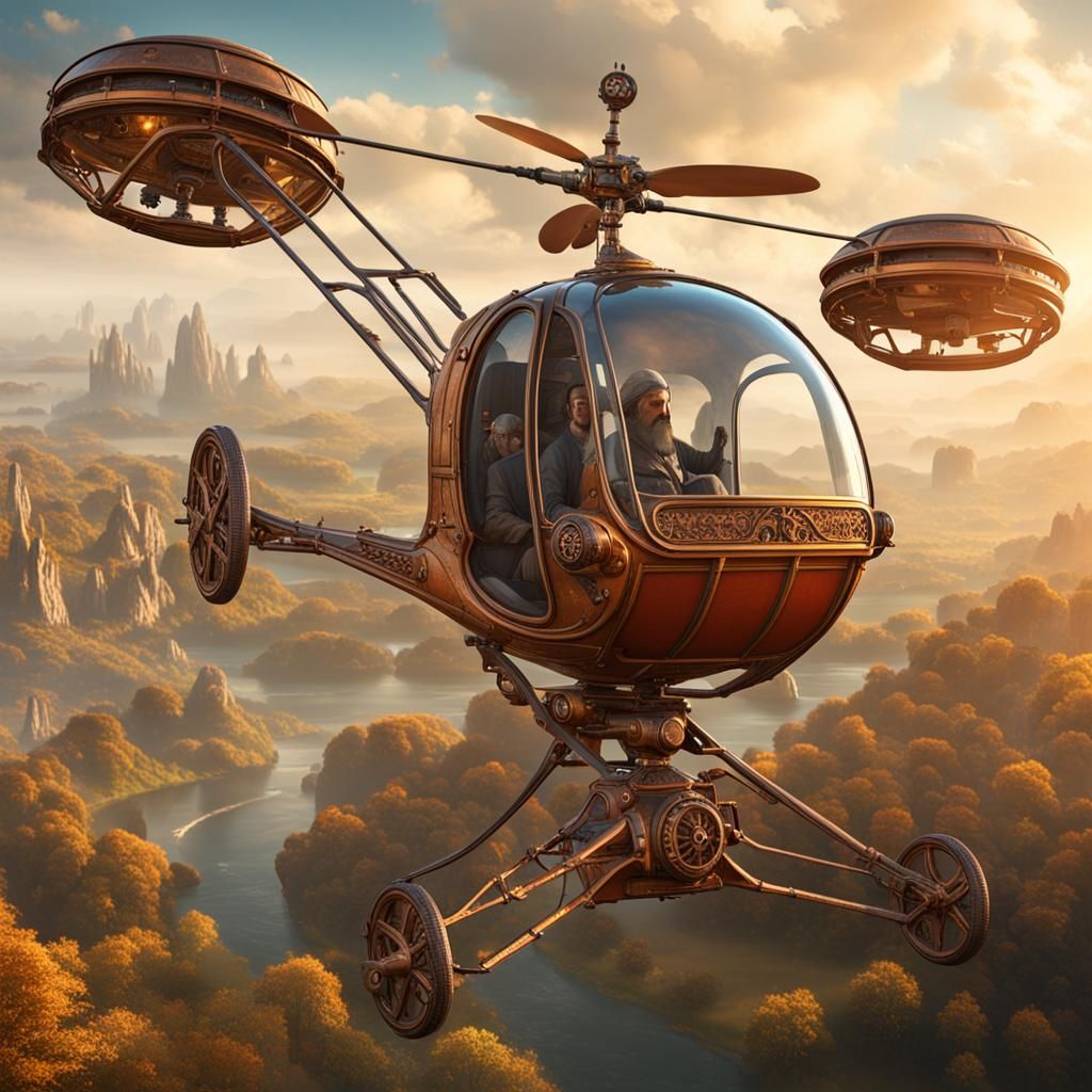 Da Vinci Flies Gyrocopter: Detailed Fantasy Art
