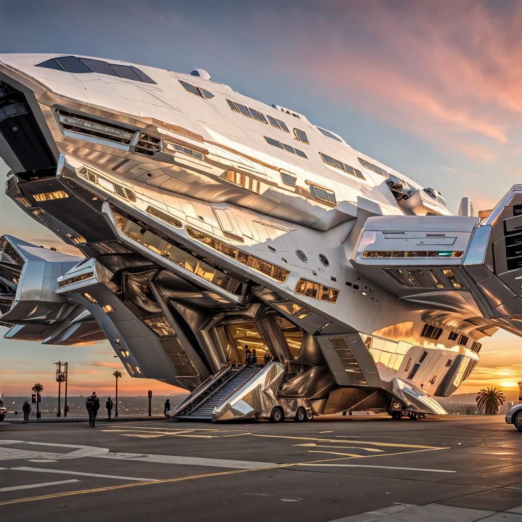 Gigantic Stealth Cruiser Lands at Sunset