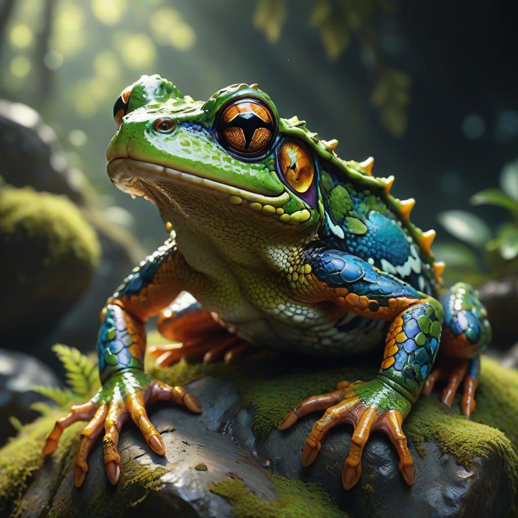 Vivid Dragon-Frog Hybrid Perched on Mossy Rock