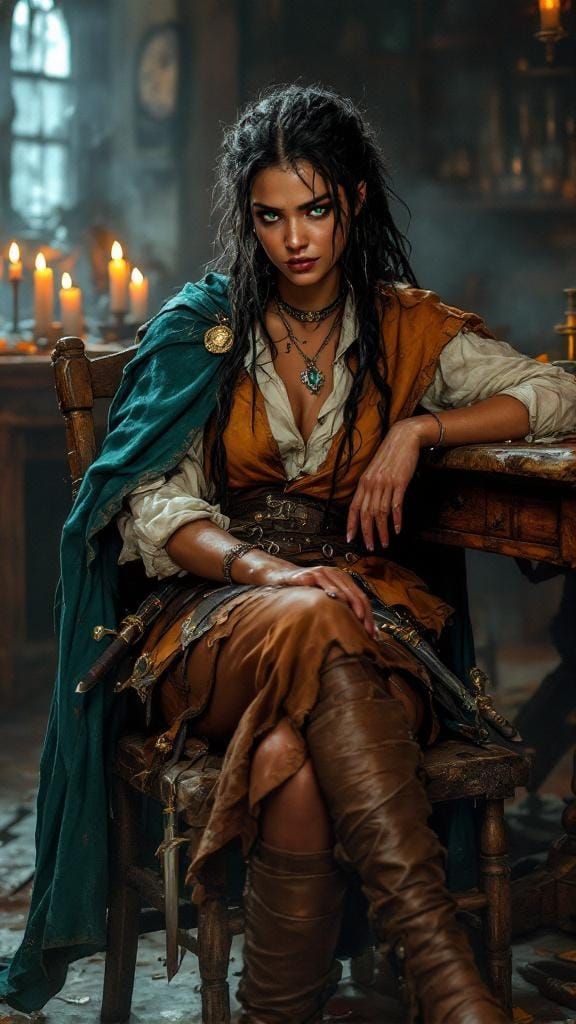 Medieval Woman in Inn with Dramatic Lighting