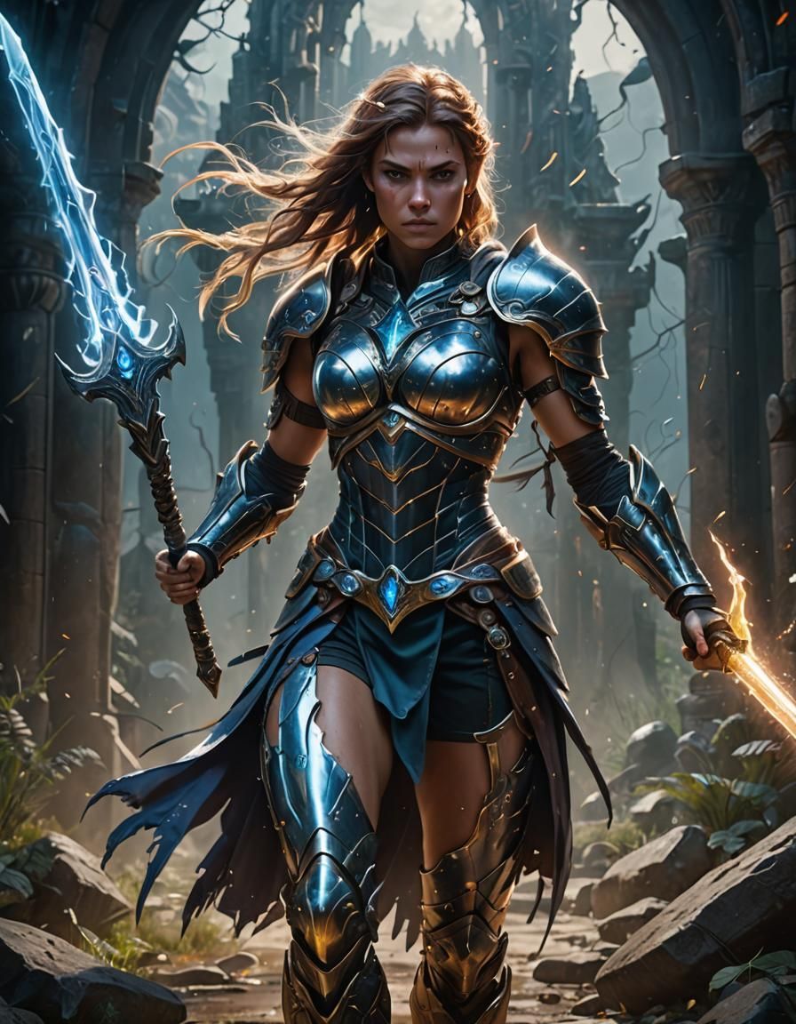 Ethereal Warrior Woman in Spectral Armor