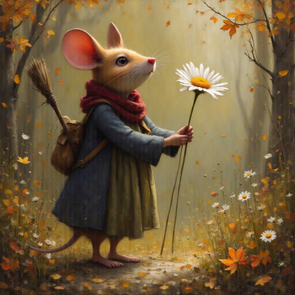 Mouse Pilgrim Admires Daisy in Autumn Light