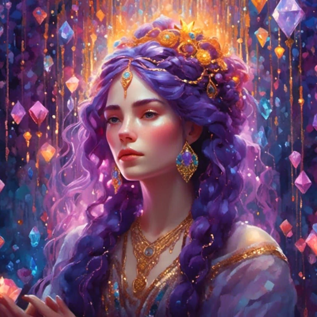 Woman Meditating with Crystals: Oil Painting in Klimt Style