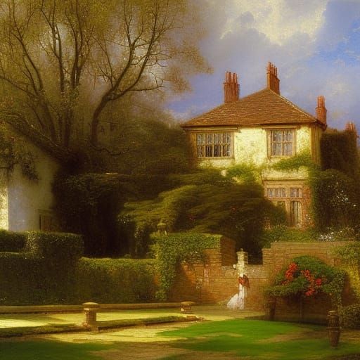 Idyllic English Manor House in Oil Painting Style