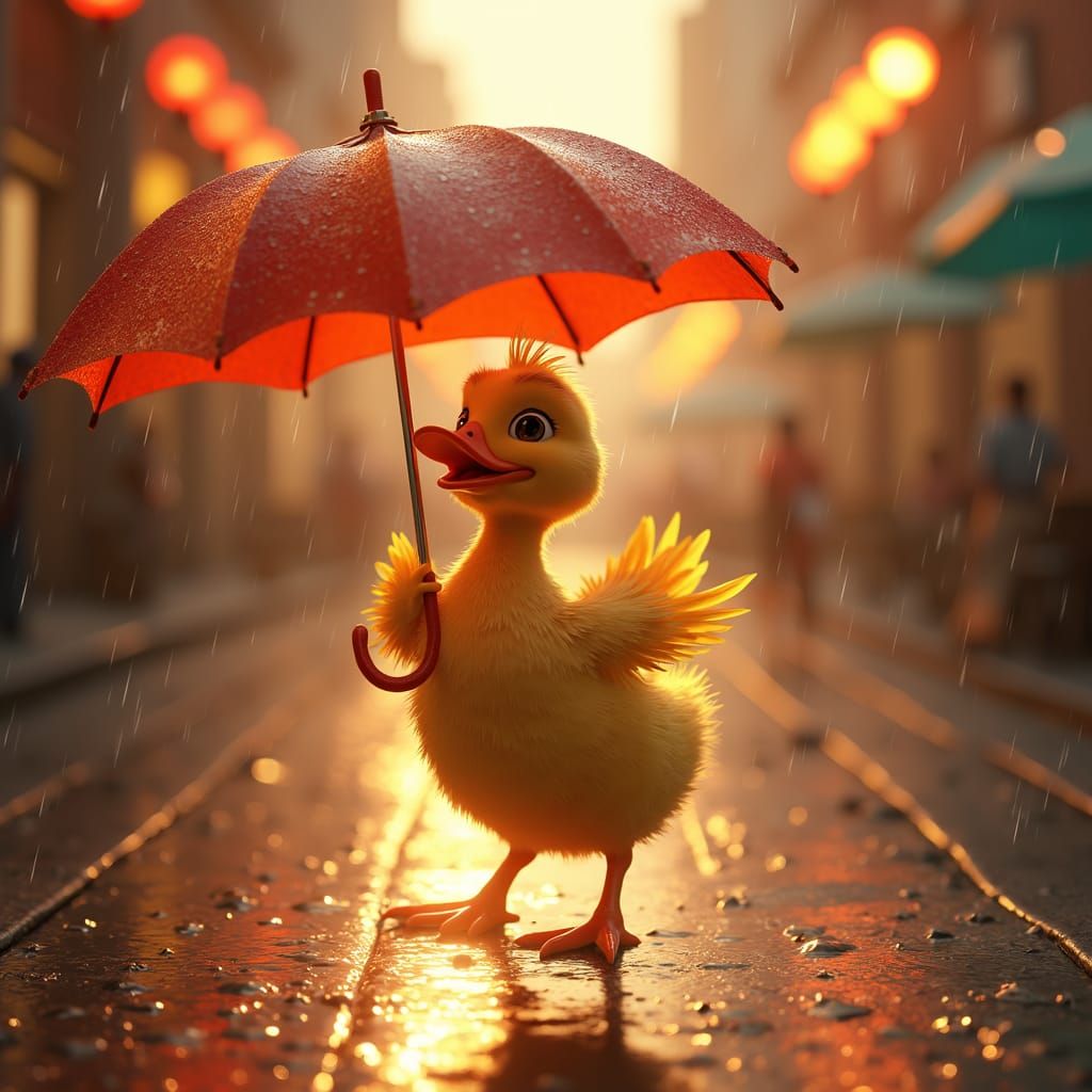 Dancing Duckling in Rainy Street: Pixar-esque 3D Art