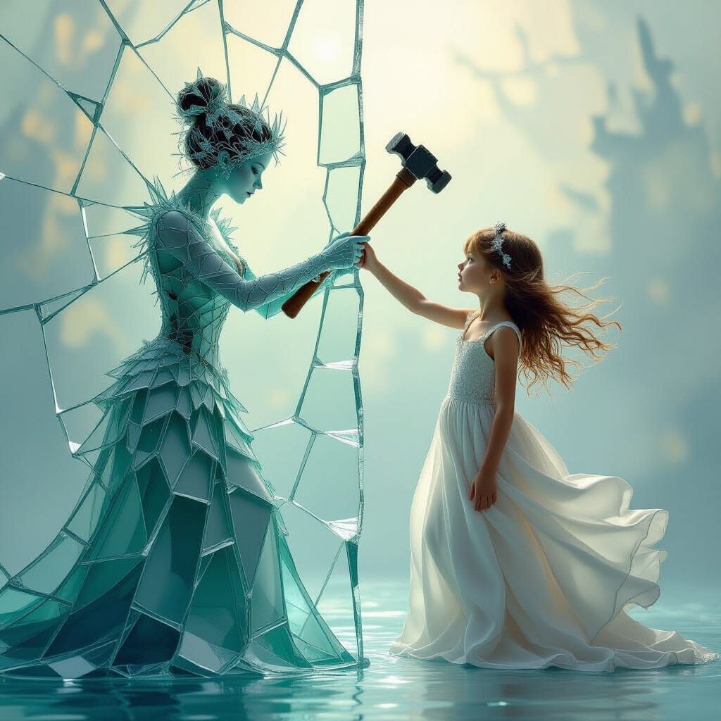 Glass Lady About to Shatter in Kinkade Style