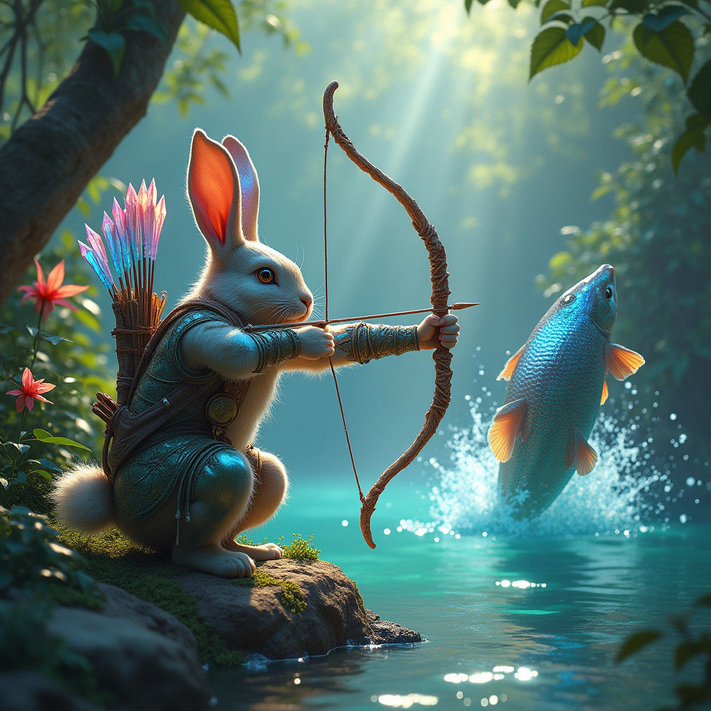 Rabbit Archer Hunting Fish in Lush Jungle
