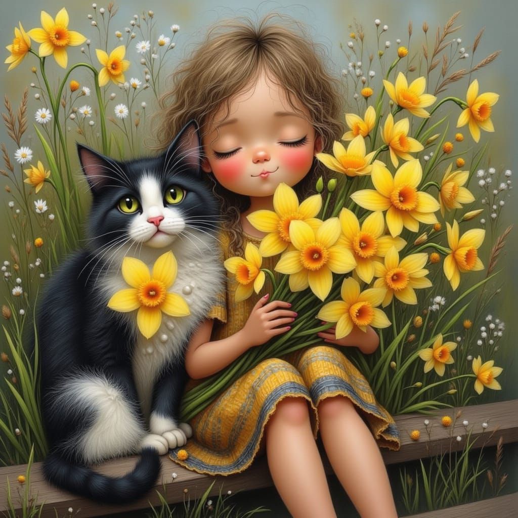 Girl with Daffodils and Cat on Bench in Pencil Drawing Style