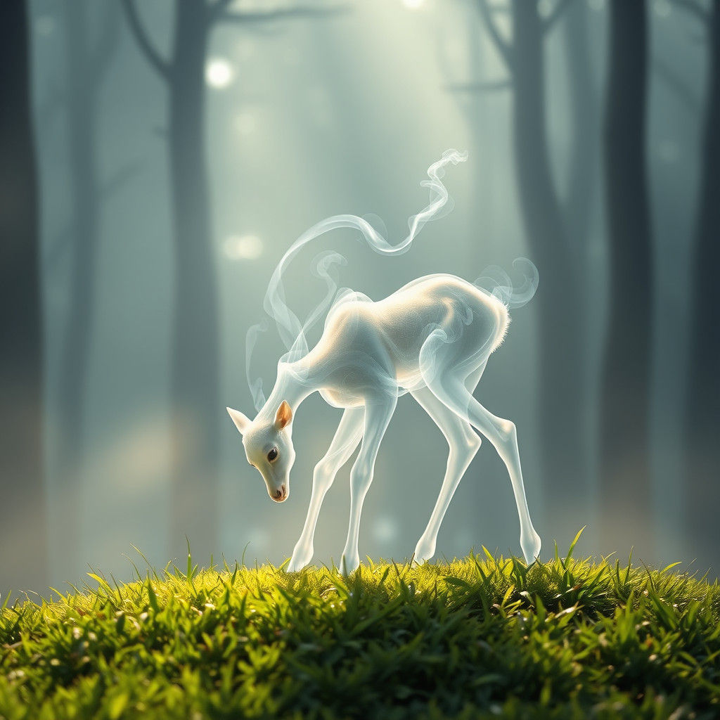 Smoky Deer Grazing in Misty Forest: Fantasy Concept Art