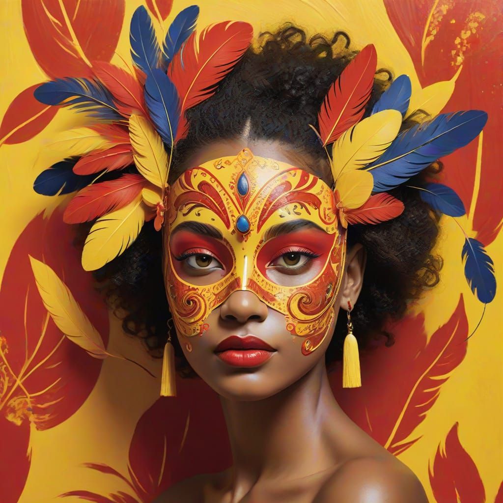 Vibrant Red and Yellow Impasto Masterpiece with Face Mask an...