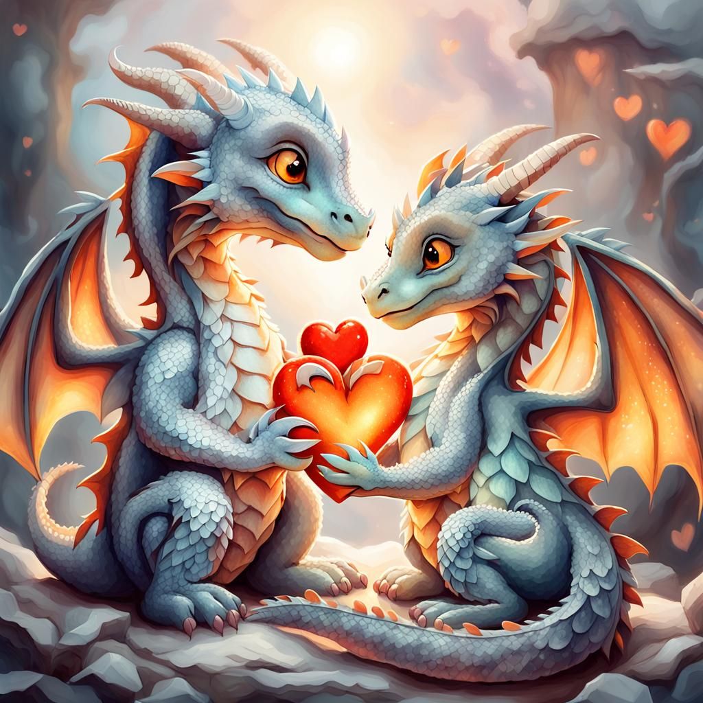 Adorable Dragons Snuggling in Watercolor Fantasy Art