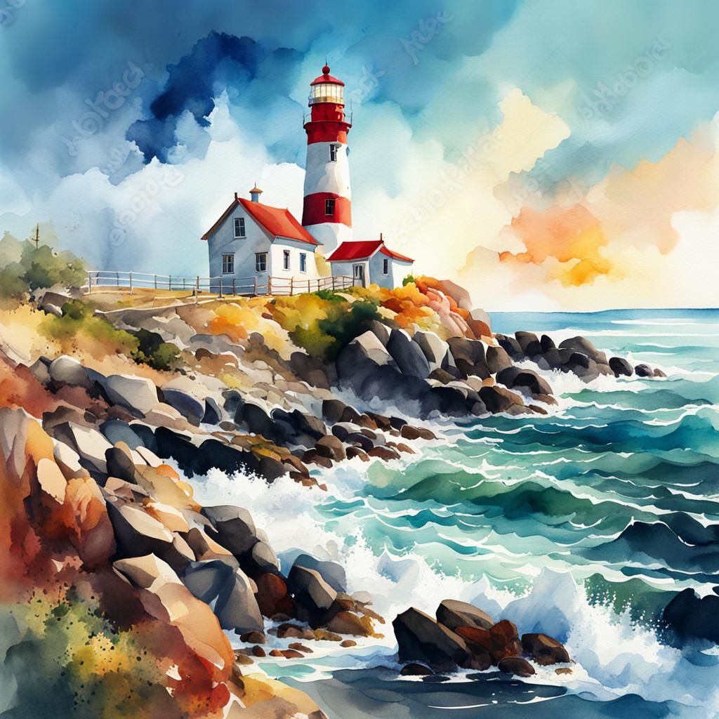 Lighthouse on Rocky Shore in Digital Watercolor