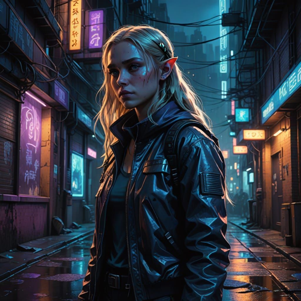 Cyberpunk Female Elf in Neon-Lit Alley