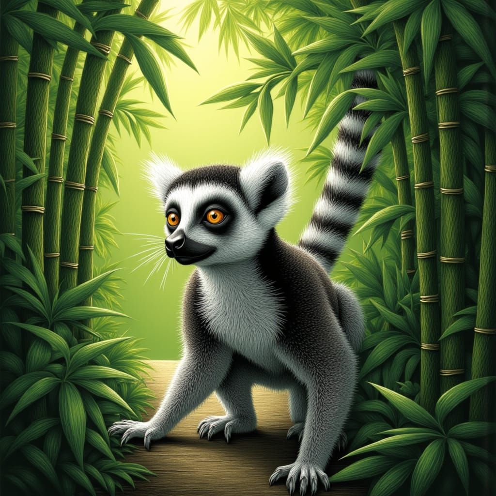 Intelligent Lemur in Dappled Bamboo Jungle