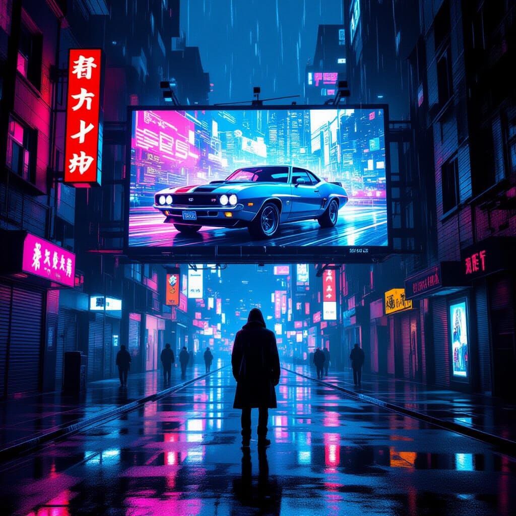 Cyberpunk Alleyway with Retro Muscle Car Ad
