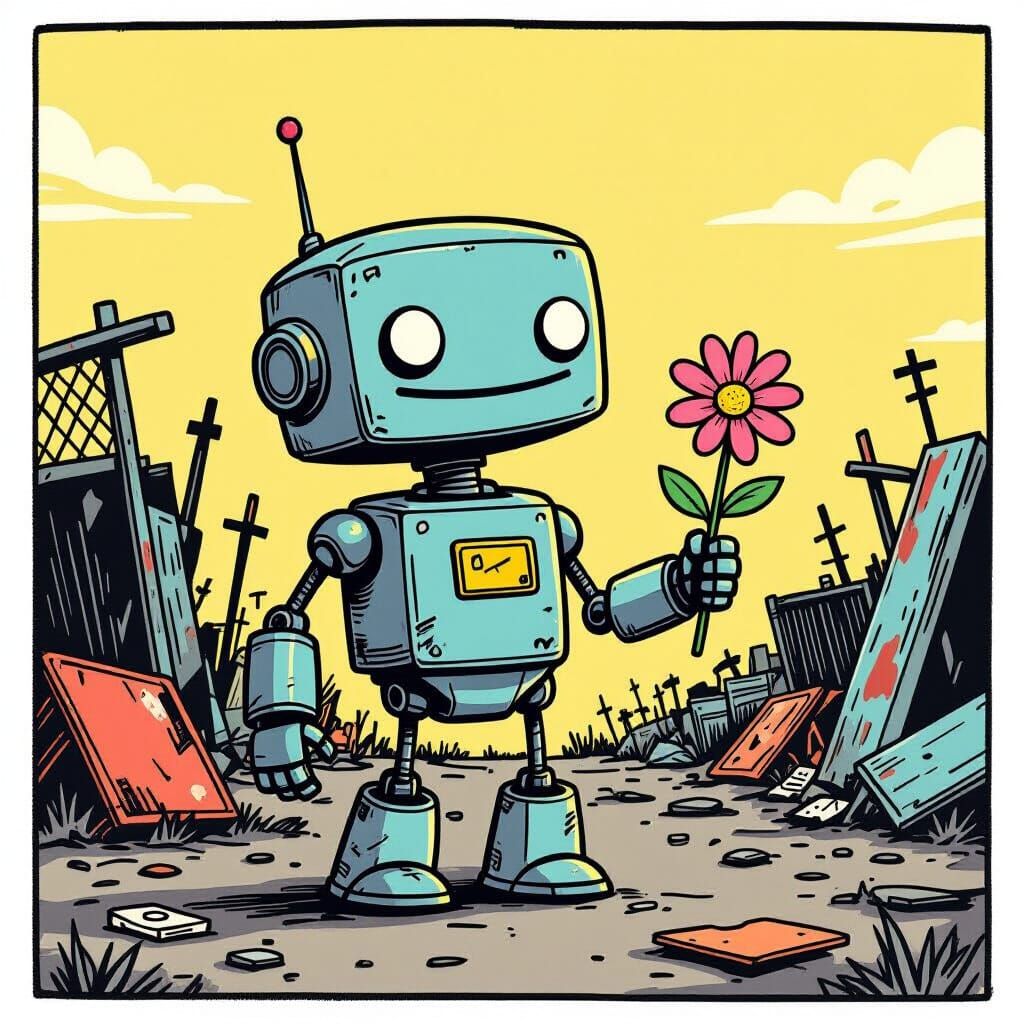 Cute Robot in Junkyard, Webcomic Style