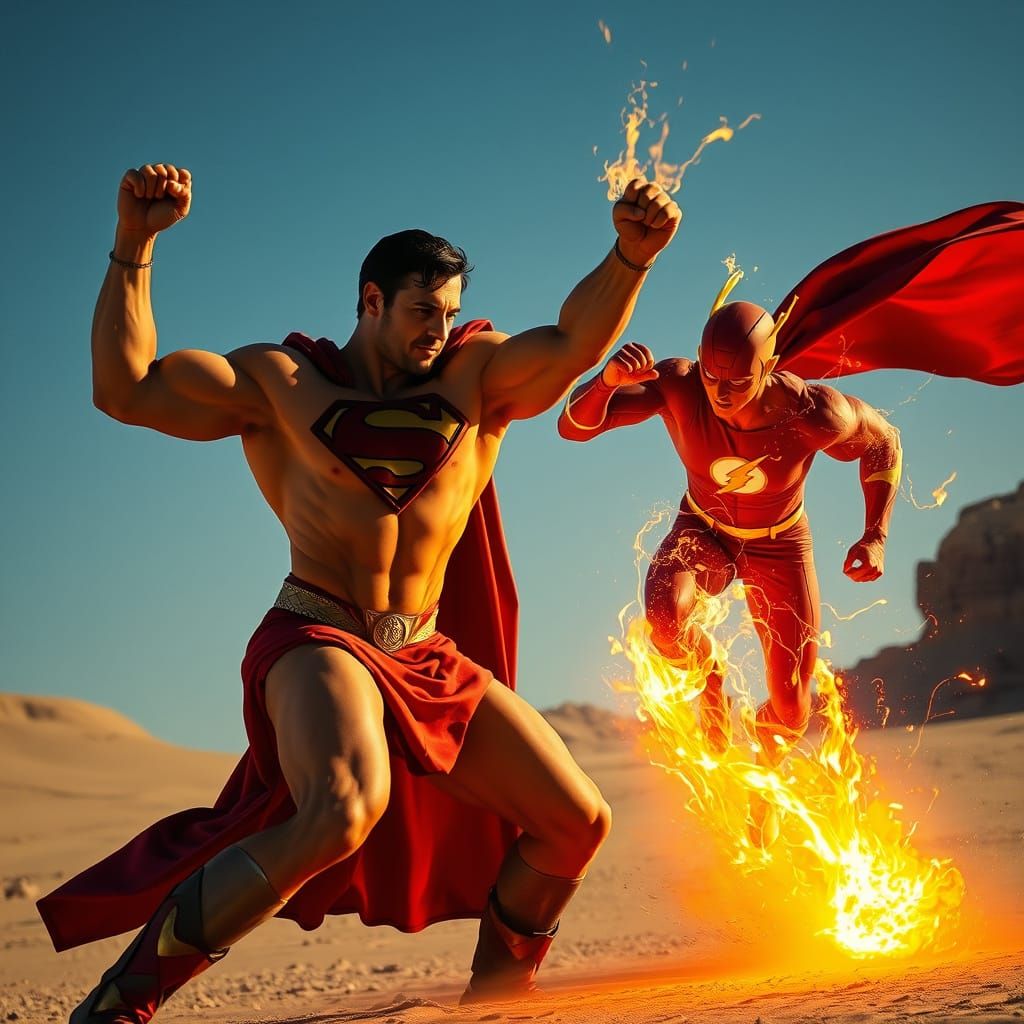 Hercules Superman Fights The Flash in Desert Landscape