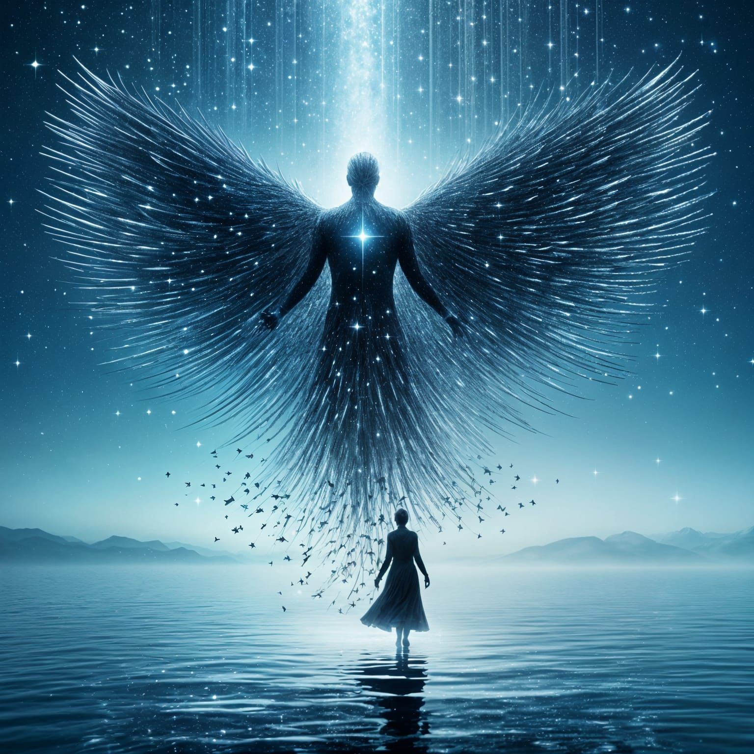Stardust Winged Figure Walking on Water