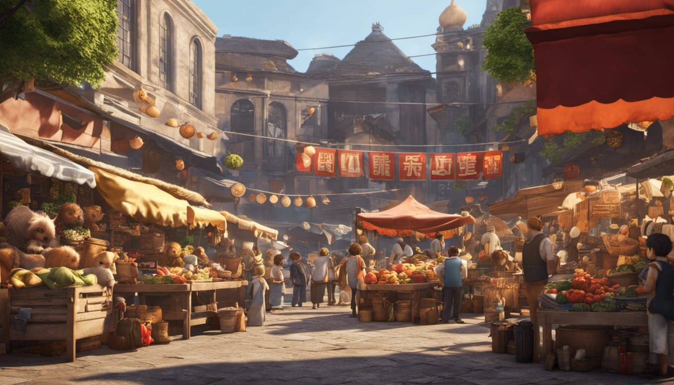 Chibi Animal Vendors at Open Market in 3D