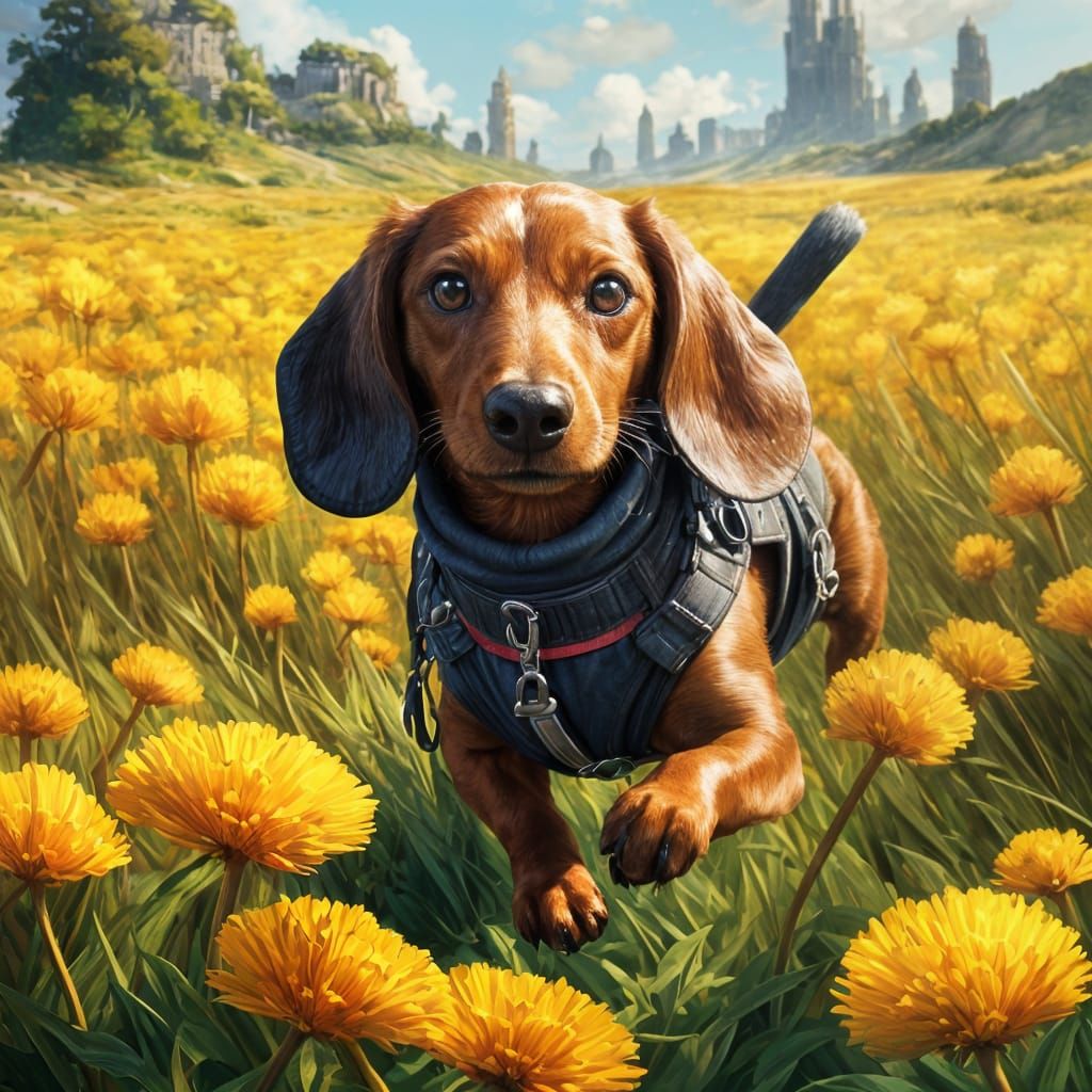 Sunny Dachshund Runs Through a Vibrant Field of Dandelions i...
