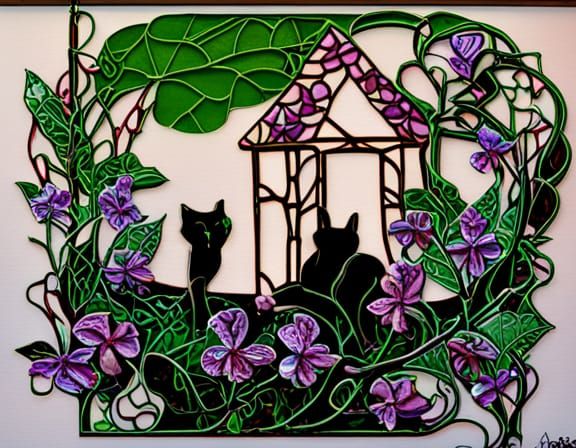 Art Nouveau Garden: Violets, Apples, and Moonlit Ambiance