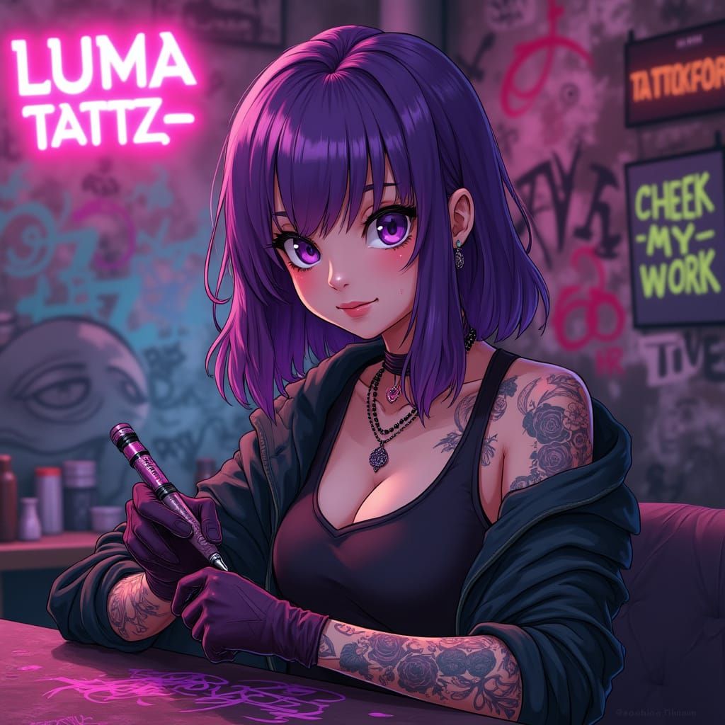 Anime Tattoo Artist in Urban Studio, Vibrant Style